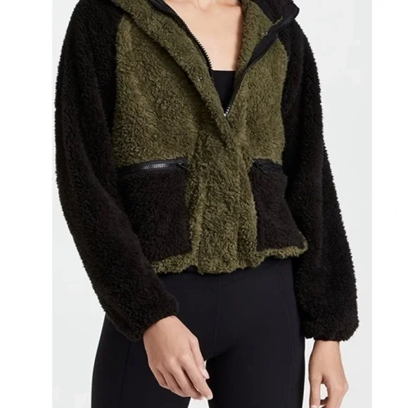 NWT Plush x Revolve Olive & Black Sherpa Zip Up Jacket with Hood - Picture 3 of 12